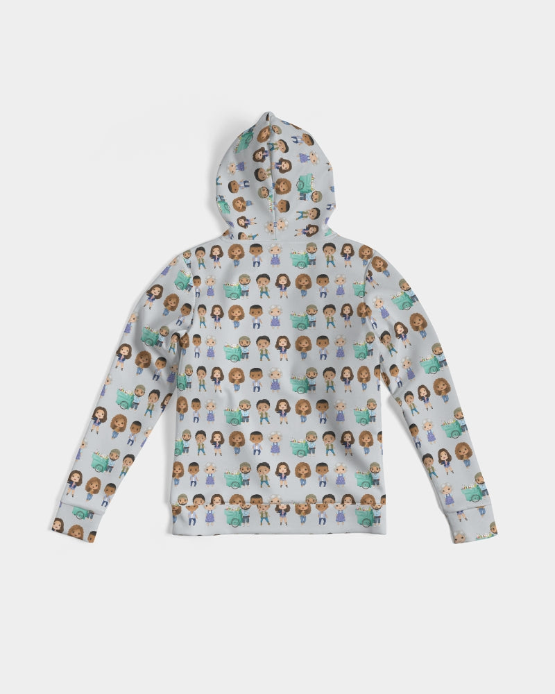 back flat lay view of grey sweatshirt with illustrated character repeating print