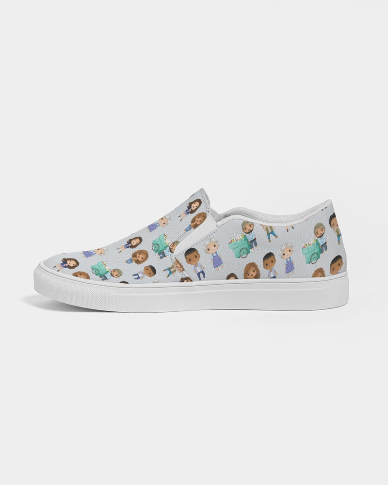 side view of right grey slip on shoe with white insoles and character illustrations inspired by in the heights