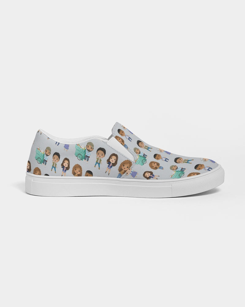 side view of left grey slip on shoe with white insoles and character illustrations inspired by in the heights