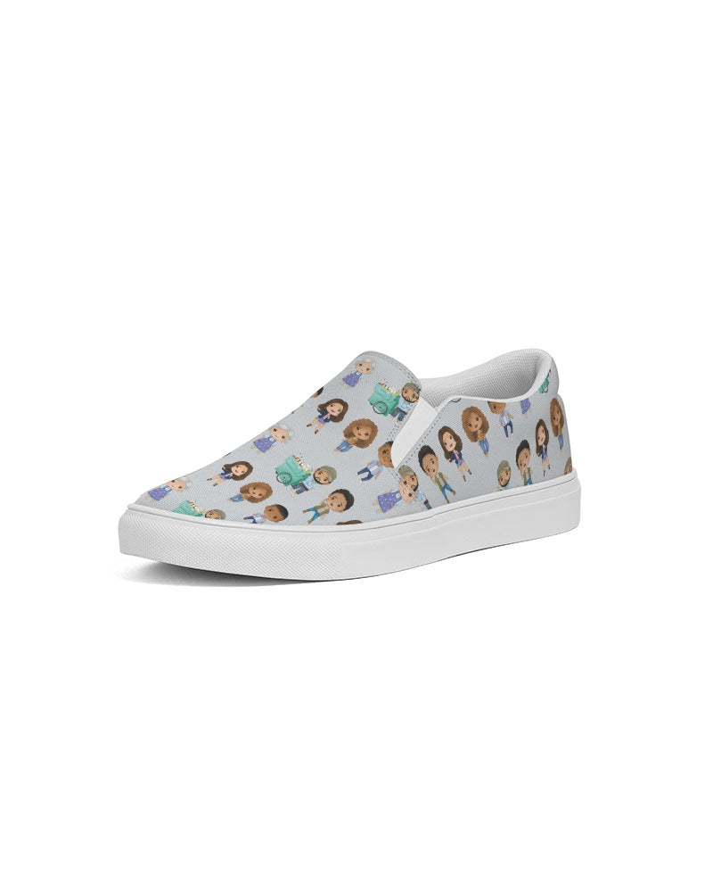 angled view of grey slip on shoe with white insoles and character illustrations inspired by in the heights