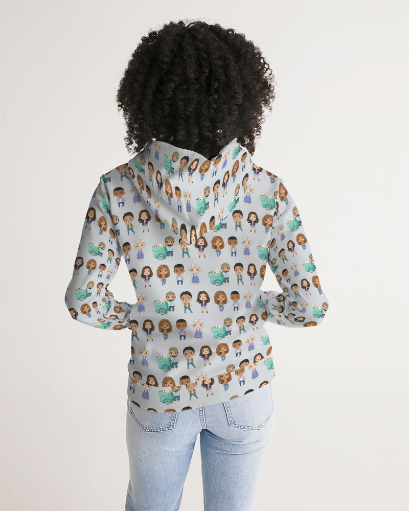 back view of dark skinned woman with natural curly hair modeling grey sweatshirt with illustrated character repeating print