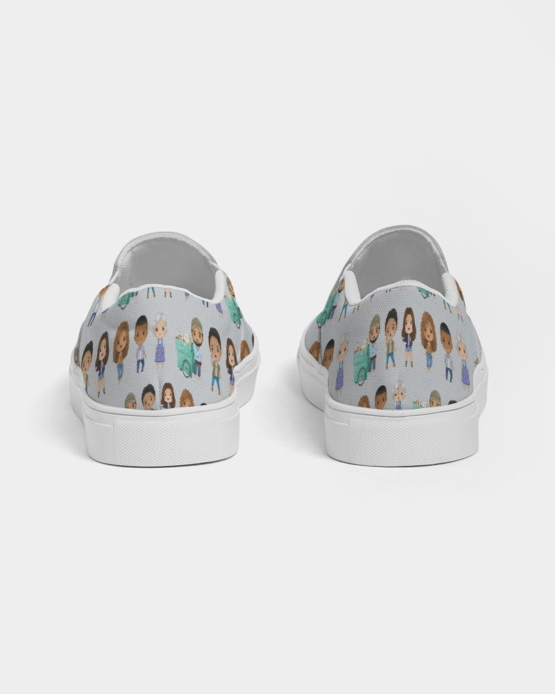 back side view of pair of shoes - grey slip on shoes with white insoles and character illustrations inspired by in the heights