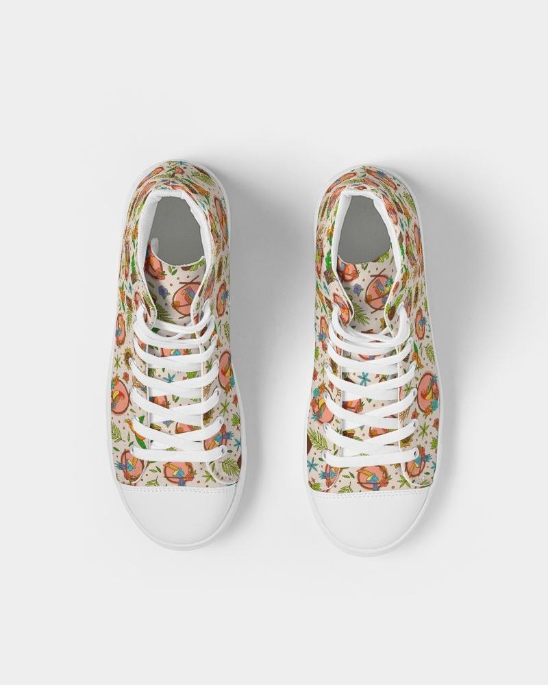 overhead view of tiki birds print shoes with white laces