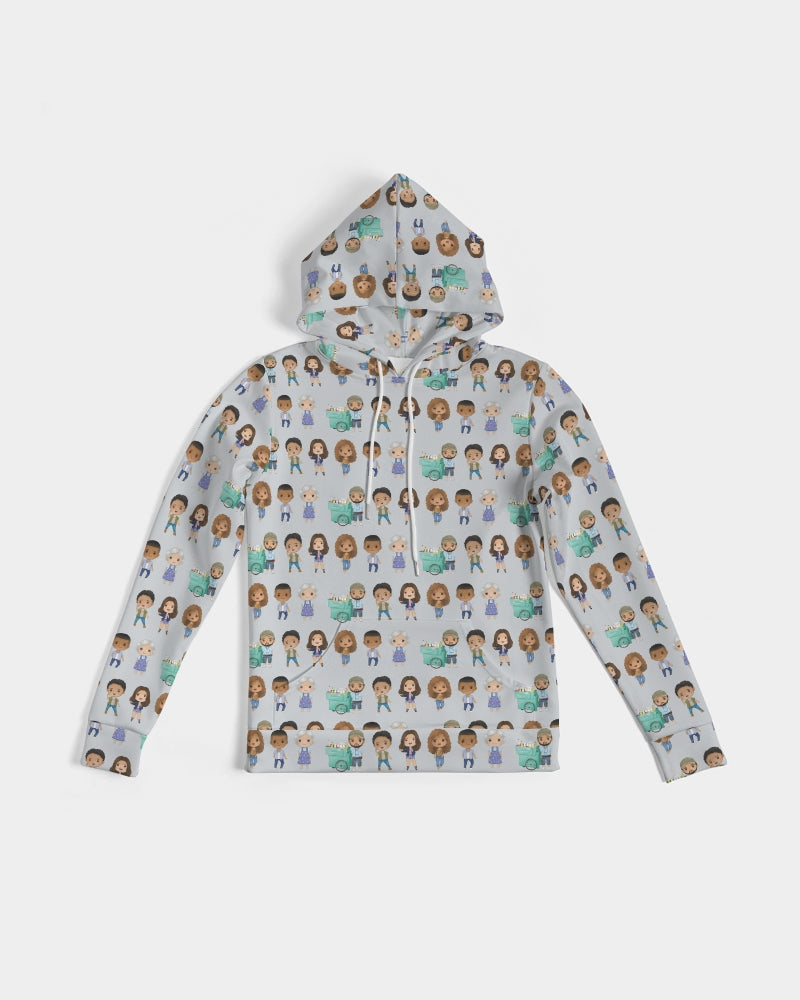 front flat lay view of grey sweatshirt with illustrated character repeating print