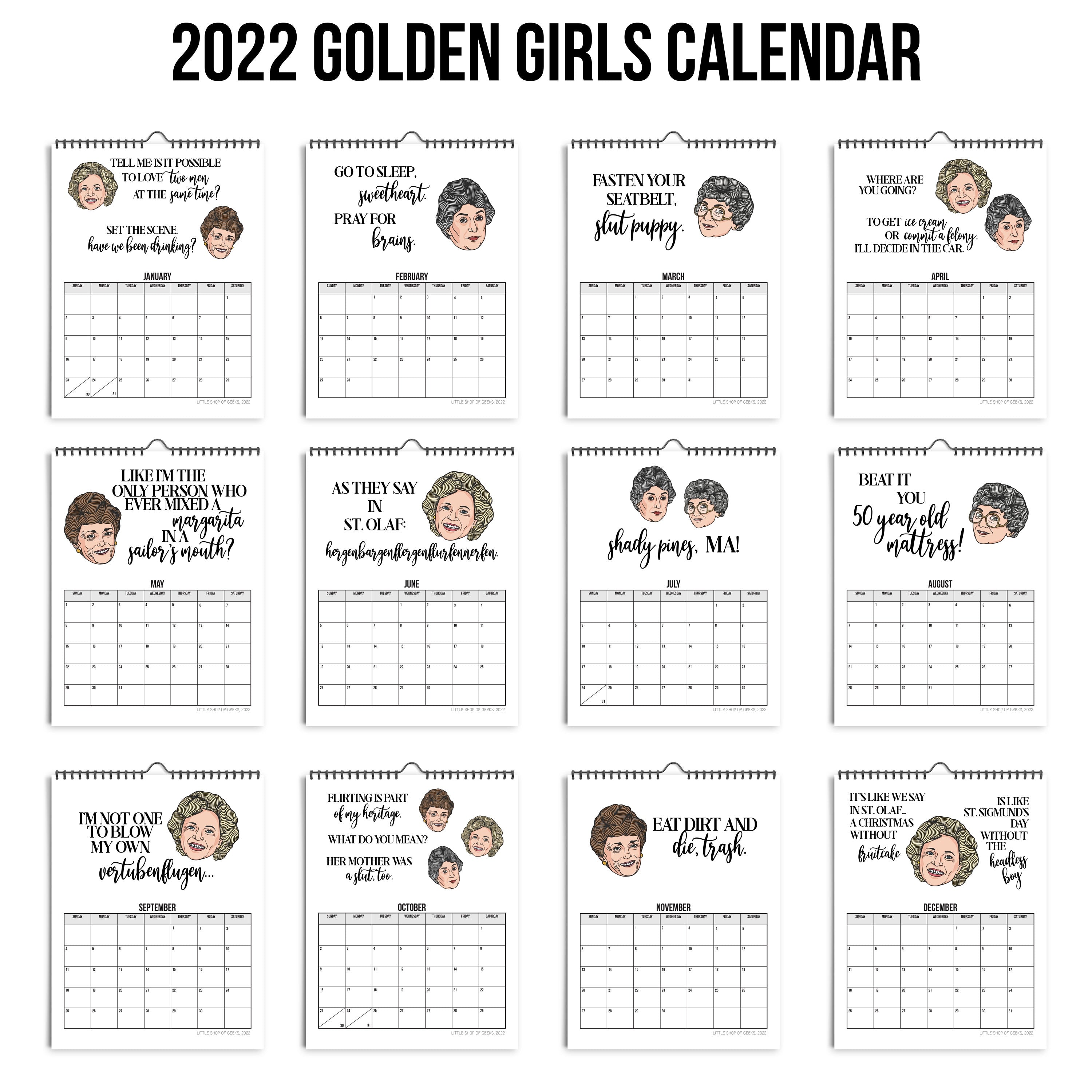 2022 Wall Calendar Golden Girls Funny Quotes Illustration