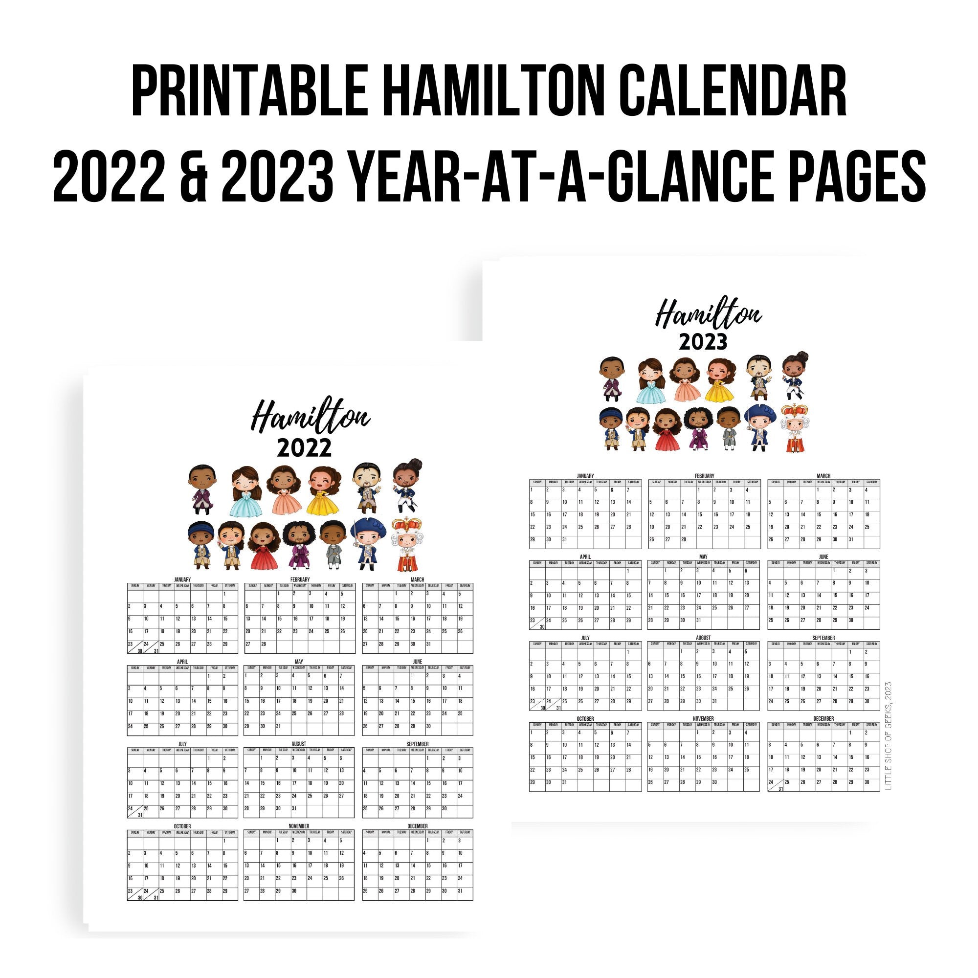Printable Hamilton 2022 Wall Calendar - Digital Download Only - Broadway Musical Gift Desk Office - 2023 At A Glance
