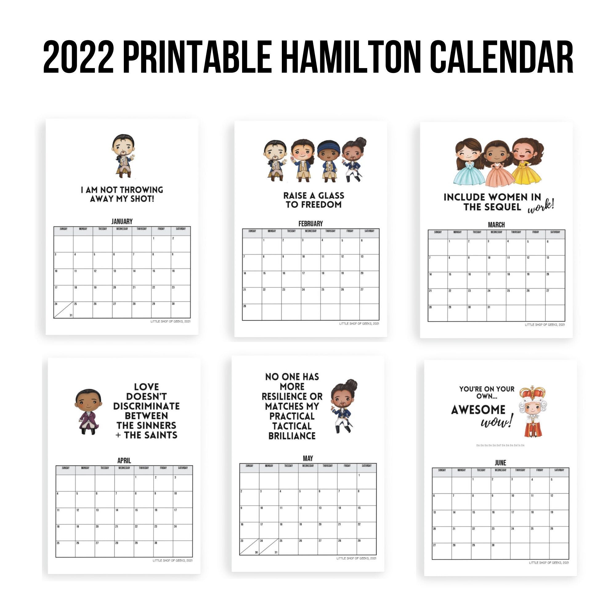Printable Hamilton 2022 Wall Calendar - Digital Download Only - Broadway Musical Gift Desk Office - 2023 At A Glance