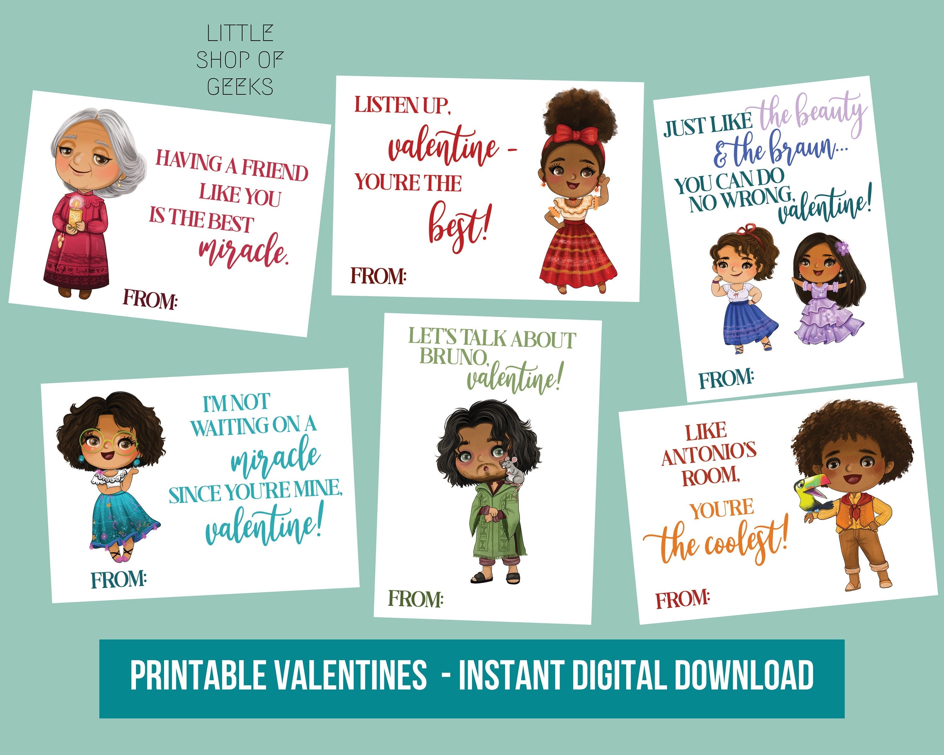 PRINTABLE Encanto Valentines Kids Movie Kid Miracle Mirabel Cute Funny We Don't Talk About Bruno Valentine VDay DIY Instant Download Digital