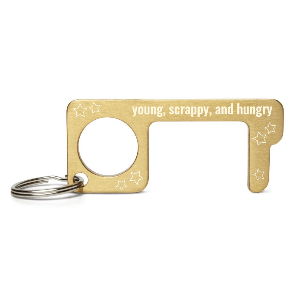 Young Scrappy and Hungry Hamilton Engraved Brass Touchless Door Opener and Button Presser Keychain